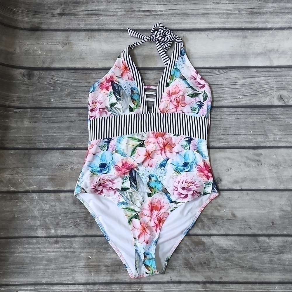 Halter Floral One Piece Swimsuit Sz Small - Picture 1 of 3
